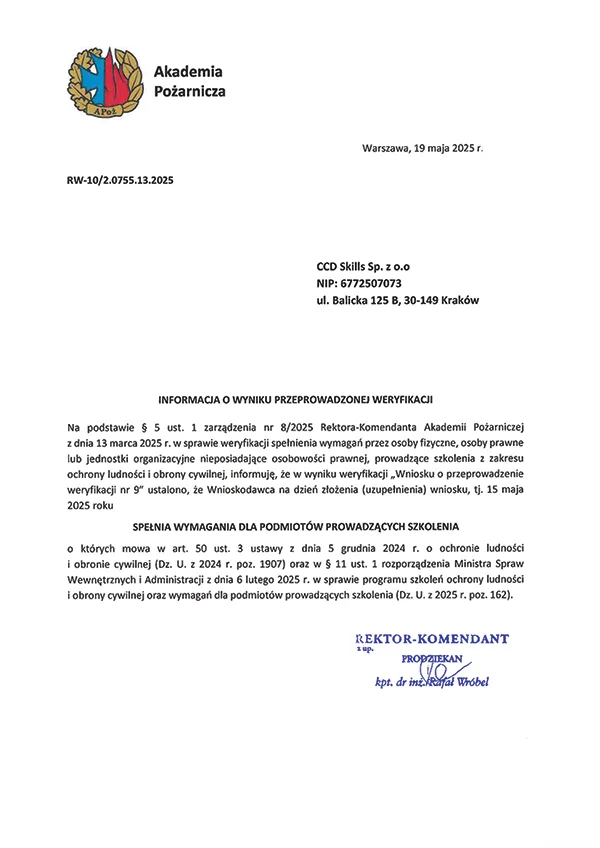 Informacja o wyniku przeprowadzonej weryfikacji